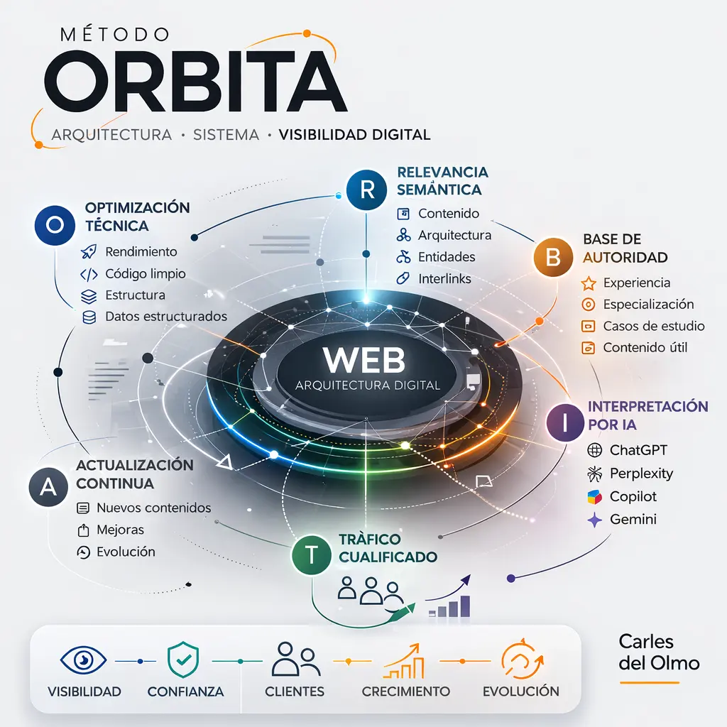 Esquema visual del método ORBITA aplicado al desarrollo web, SEO y GEO