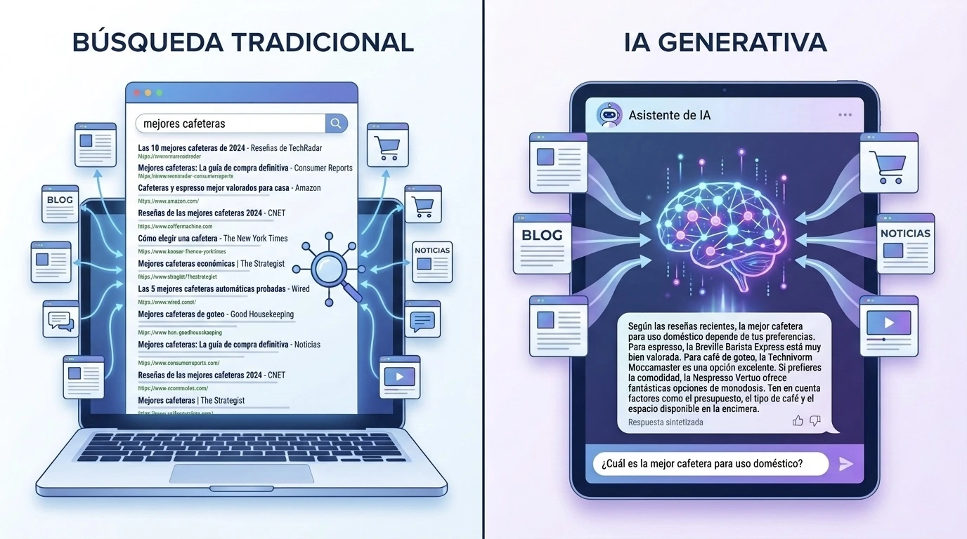 Comparación entre una web caótica y una web estructurada para SEO y motores de IA
